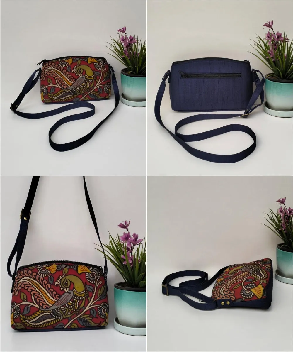 0vy blue hand painted kalamkari silk sling bag