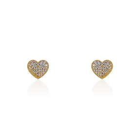 14k Small Pave CZ Heart Earrings With Ridged Border