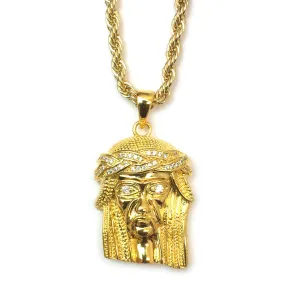 18k Gold Plated Mini Piece Jesus Pendant with 4mm Rope Chain 24 Inches Long