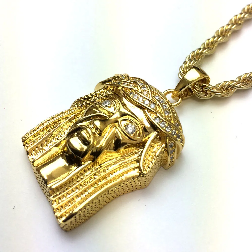 18k Gold Plated Mini Piece Jesus Pendant with 4mm Rope Chain 24 Inches Long