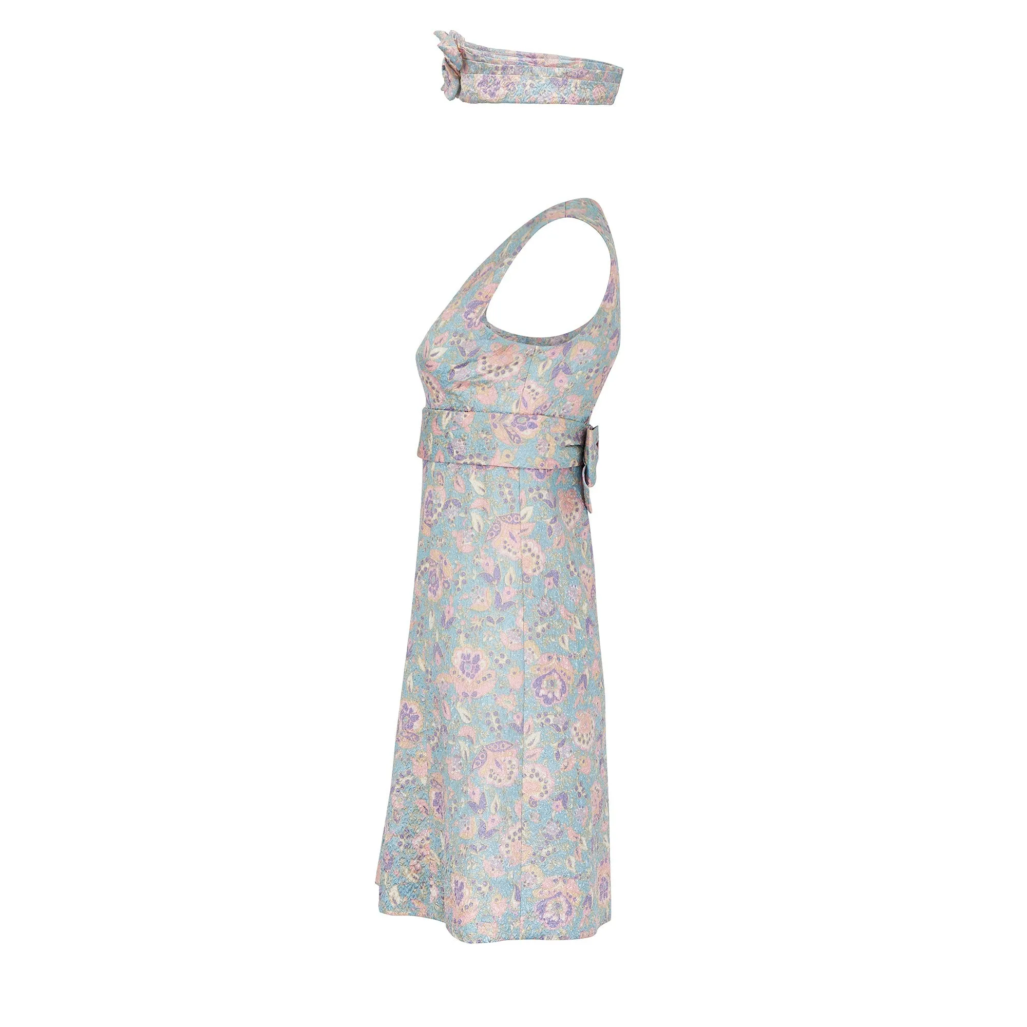 1960s Pastel Floral Lame Dress with Matching Headband