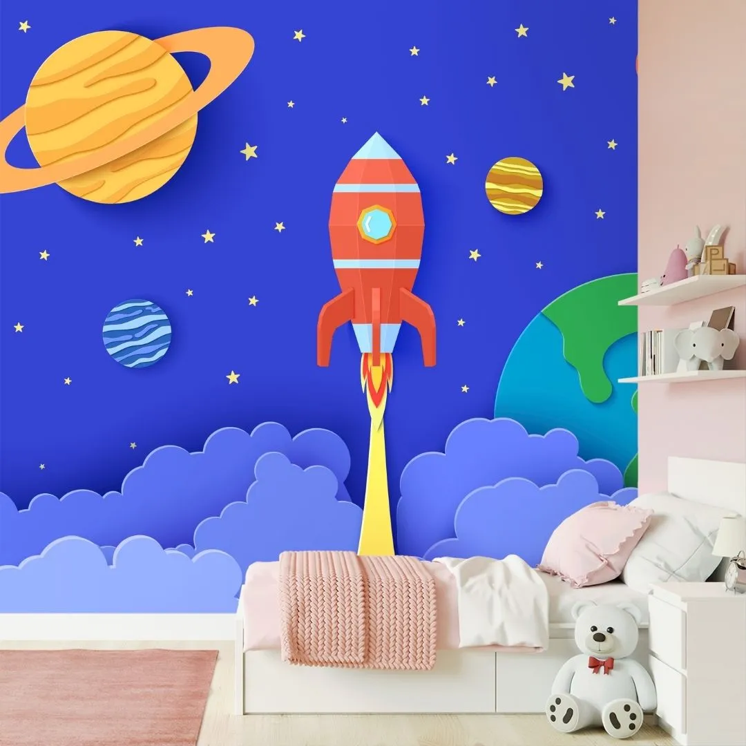 3D Space Wallpaper Design for Kids Bedroom, Blue, Customised