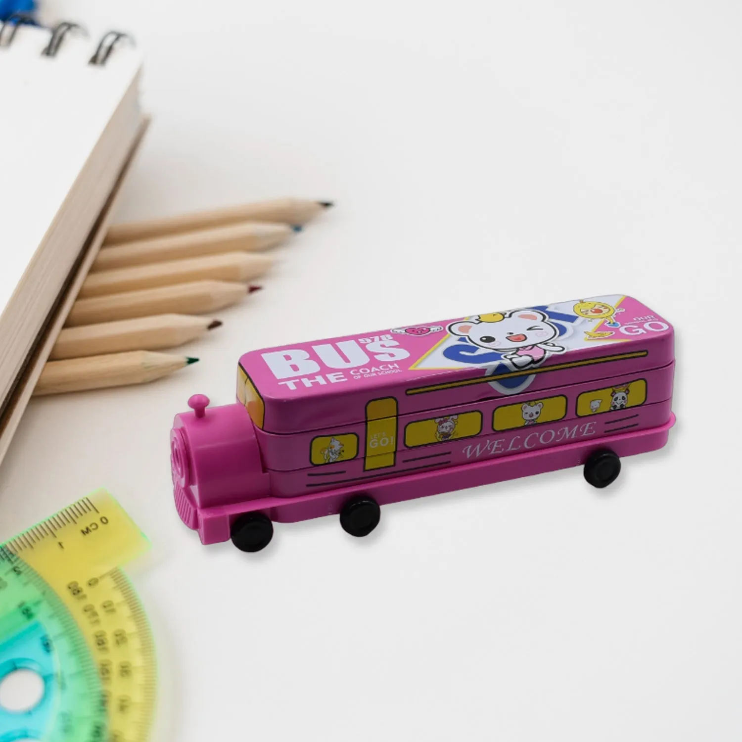 4568A Double Decker Magic Bus Compass 2 Layer Metal Bus Compass Pencil Case with Movable Wheels & Sharpener Bus Shape with Tiers Metal Pencil Box for Kids Birthday Party