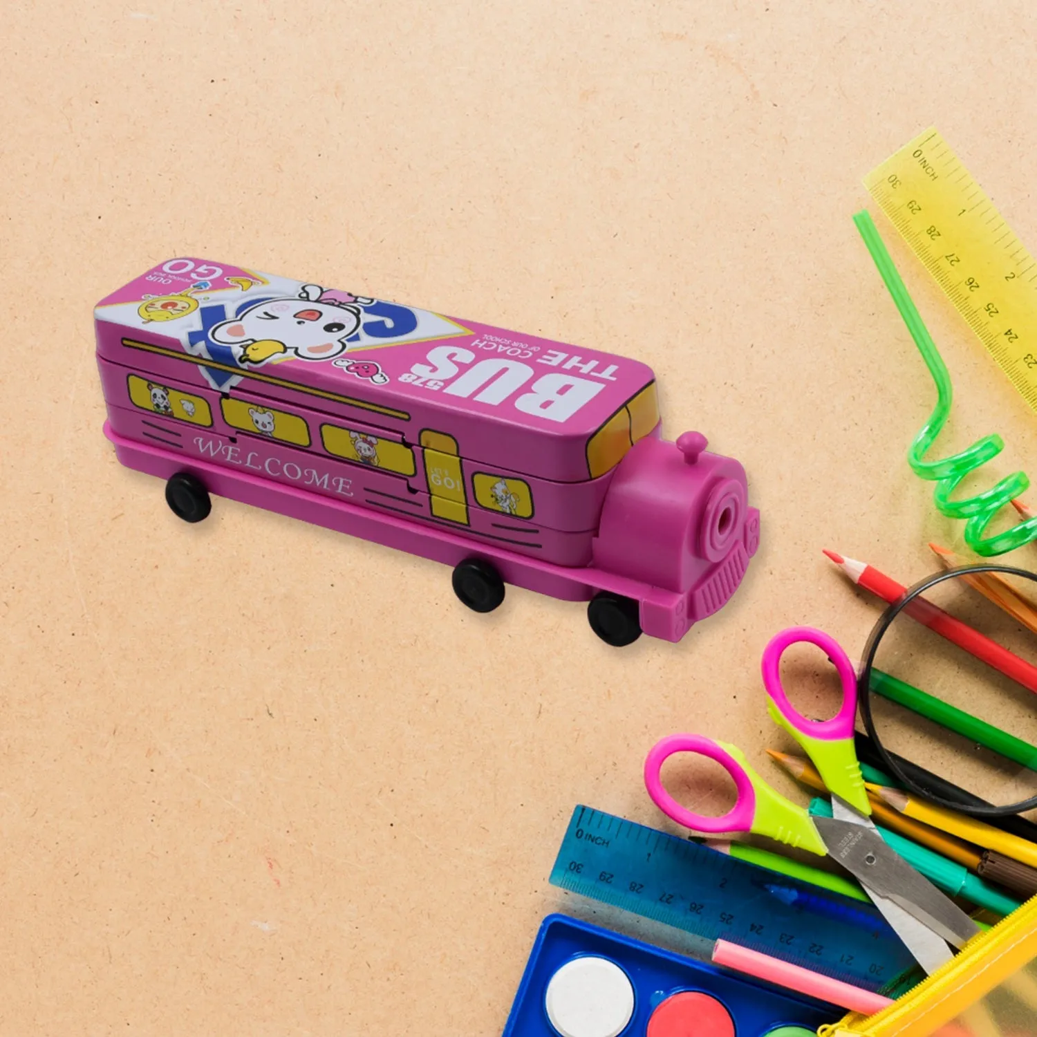 4568A Double Decker Magic Bus Compass 2 Layer Metal Bus Compass Pencil Case with Movable Wheels & Sharpener Bus Shape with Tiers Metal Pencil Box for Kids Birthday Party