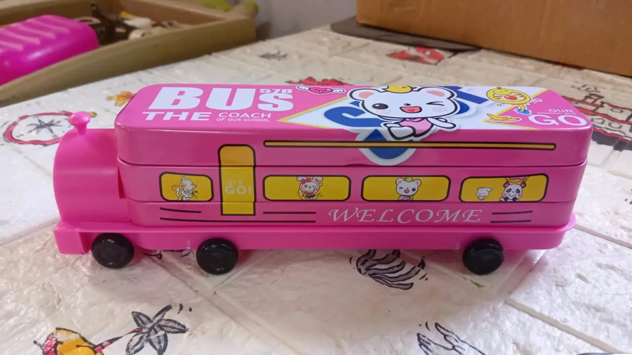 4568A Double Decker Magic Bus Compass 2 Layer Metal Bus Compass Pencil Case with Movable Wheels & Sharpener Bus Shape with Tiers Metal Pencil Box for Kids Birthday Party