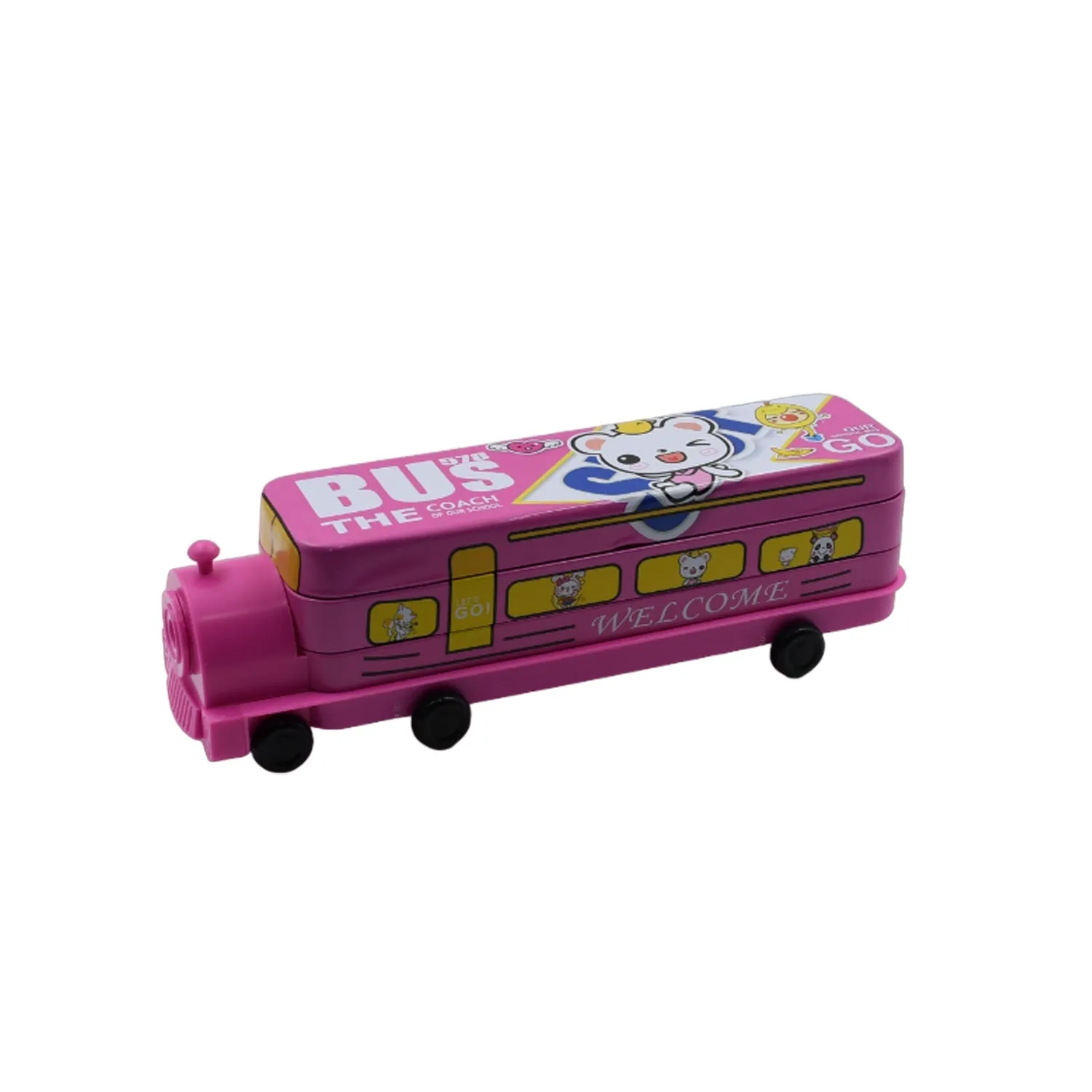 4568A Double Decker Magic Bus Compass 2 Layer Metal Bus Compass Pencil Case with Movable Wheels & Sharpener Bus Shape with Tiers Metal Pencil Box for Kids Birthday Party