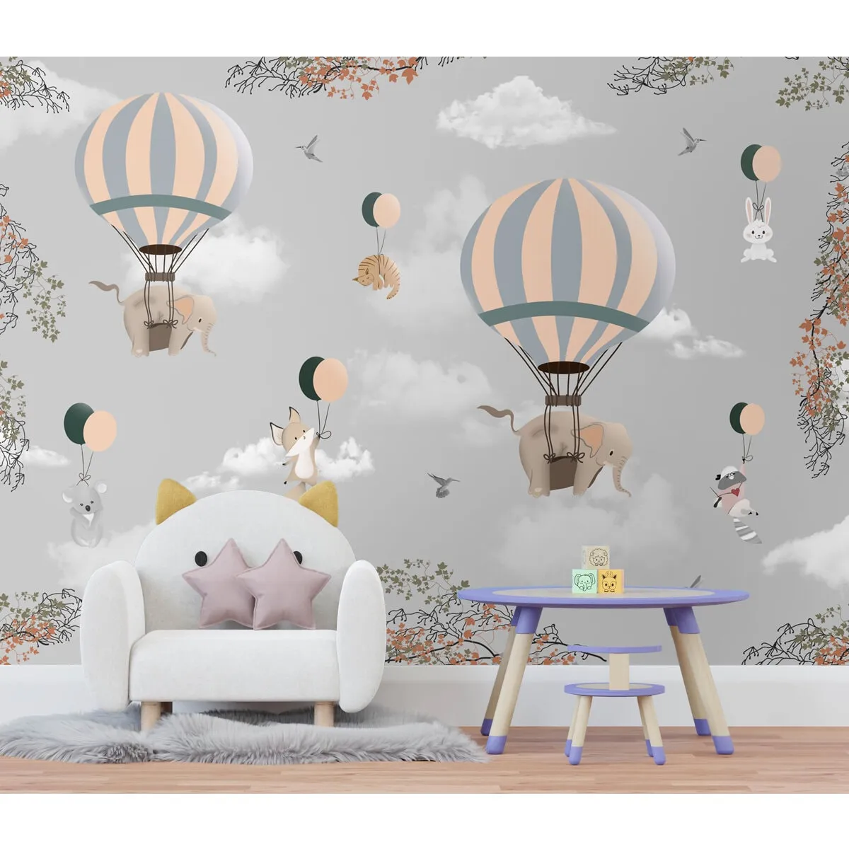 Adorable Elephants and Hot Air Balloons Wallpaper for Kids Room