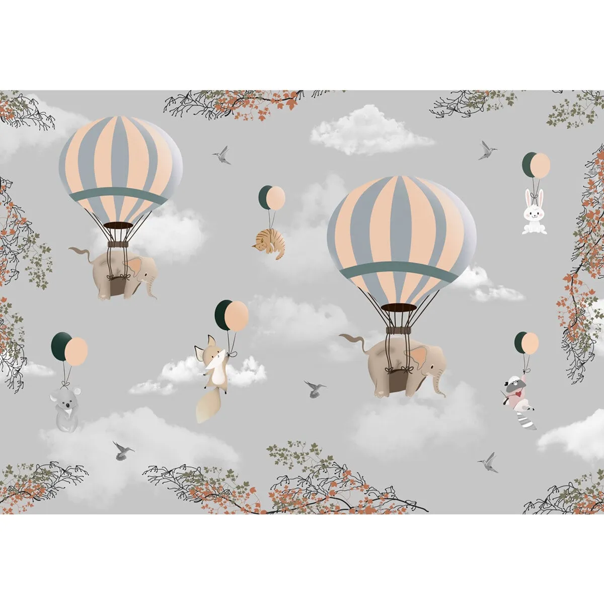 Adorable Elephants and Hot Air Balloons Wallpaper for Kids Room