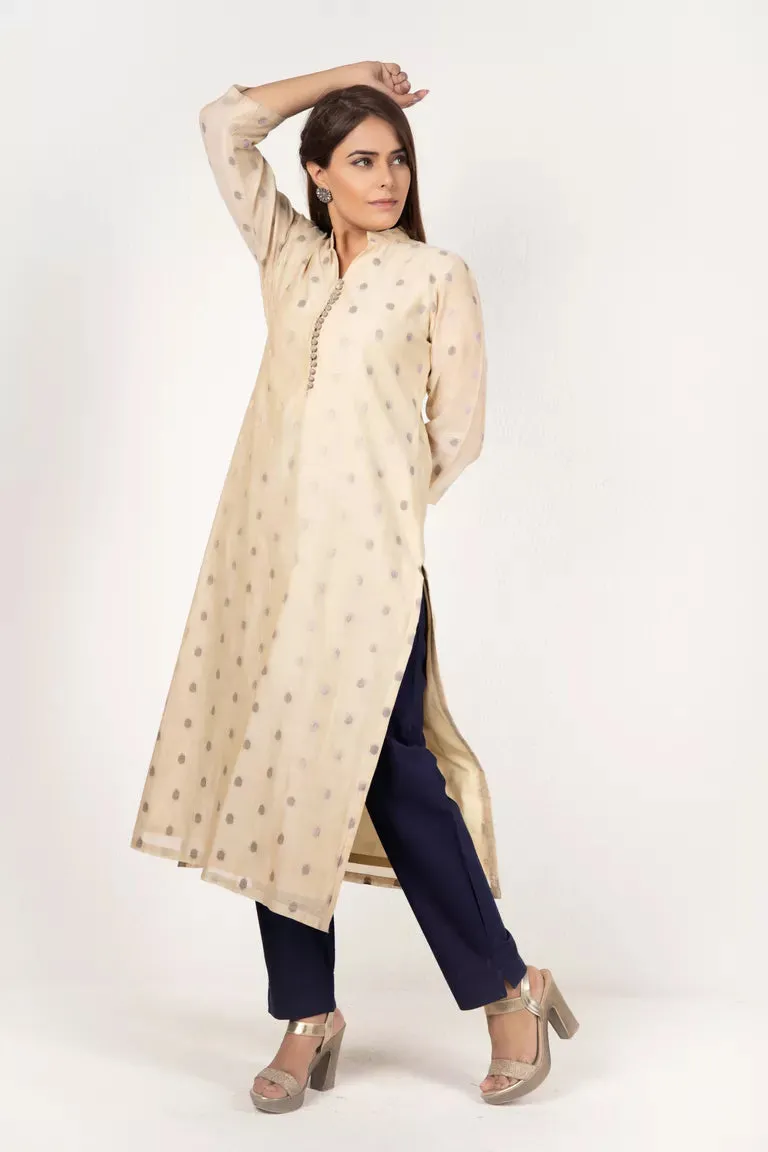 Beige & Purple Chanderi Kurta