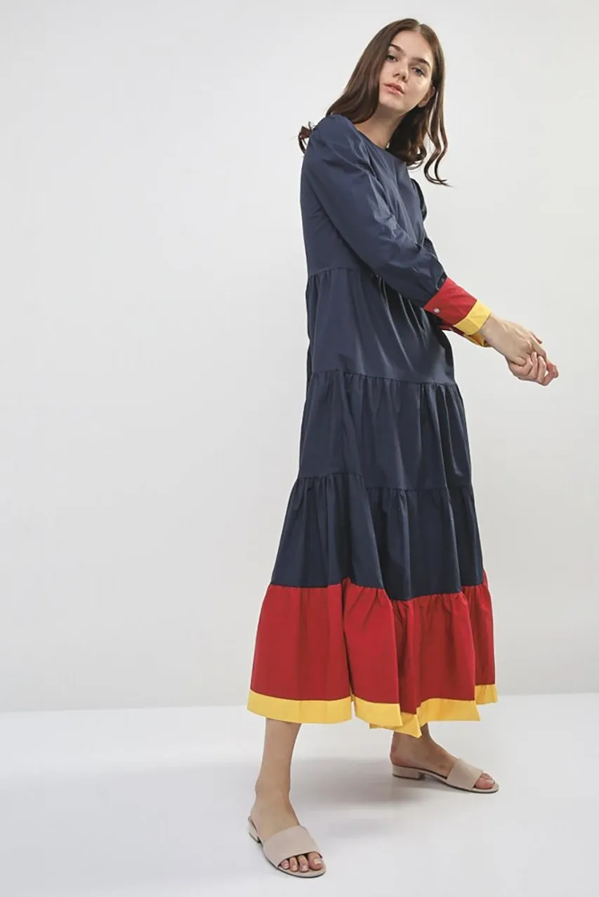 Blue and Yellow Cuff Long Sleeves Midi Dress