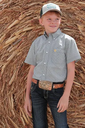 Boys Cinch Short Sleeve Green Geometric Button Up