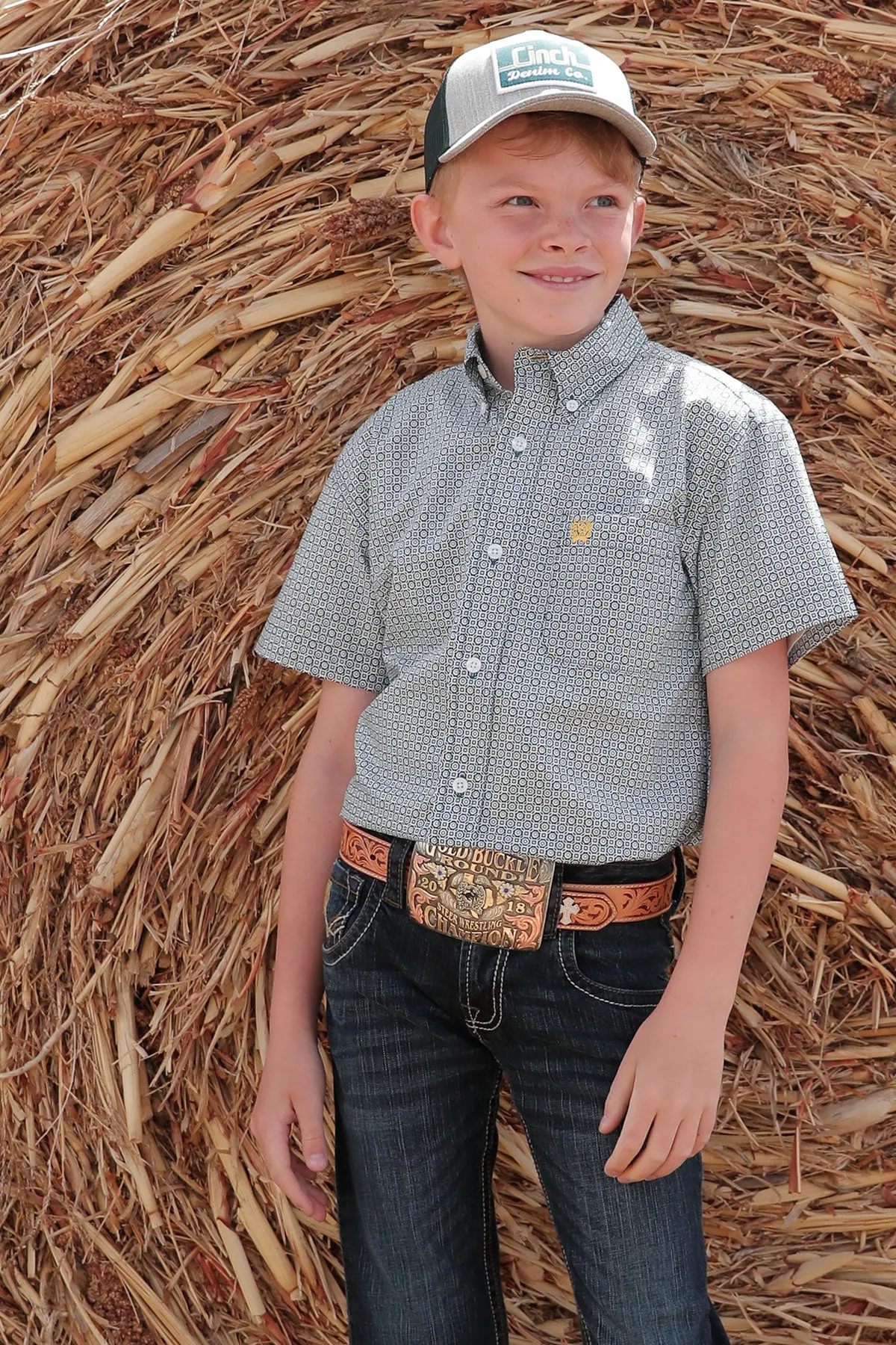 Boys Cinch Short Sleeve Green Geometric Button Up