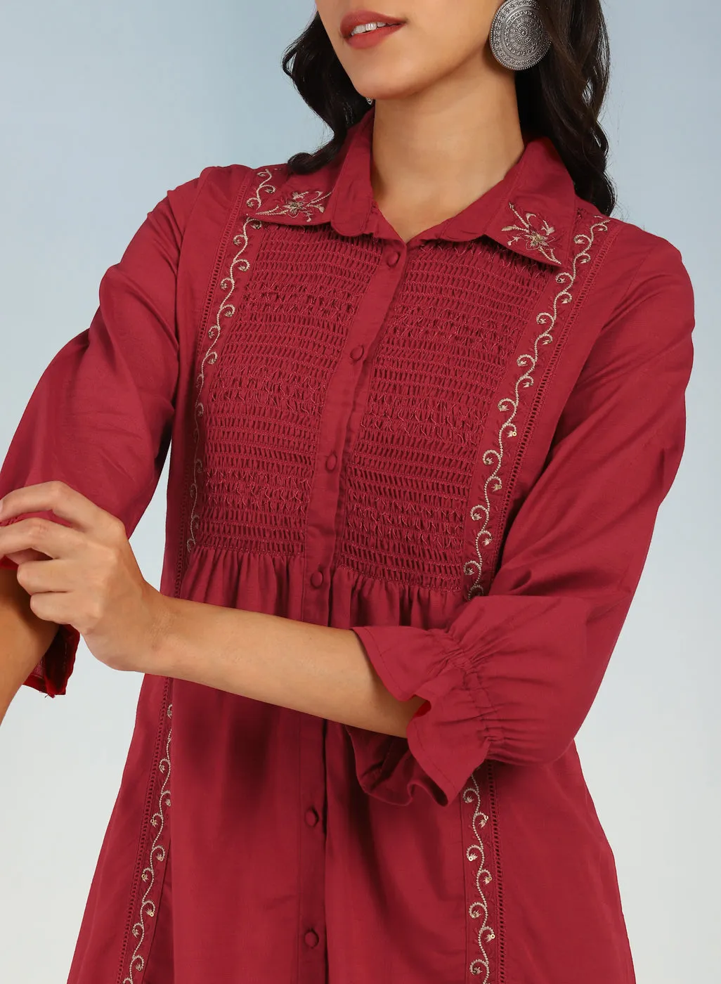 Brick Red A Line Tunic with Smocking Front and Classic Collar