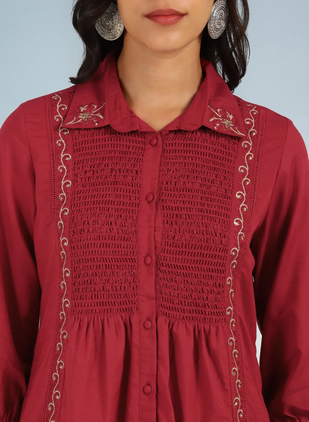 Brick Red A Line Tunic with Smocking Front and Classic Collar