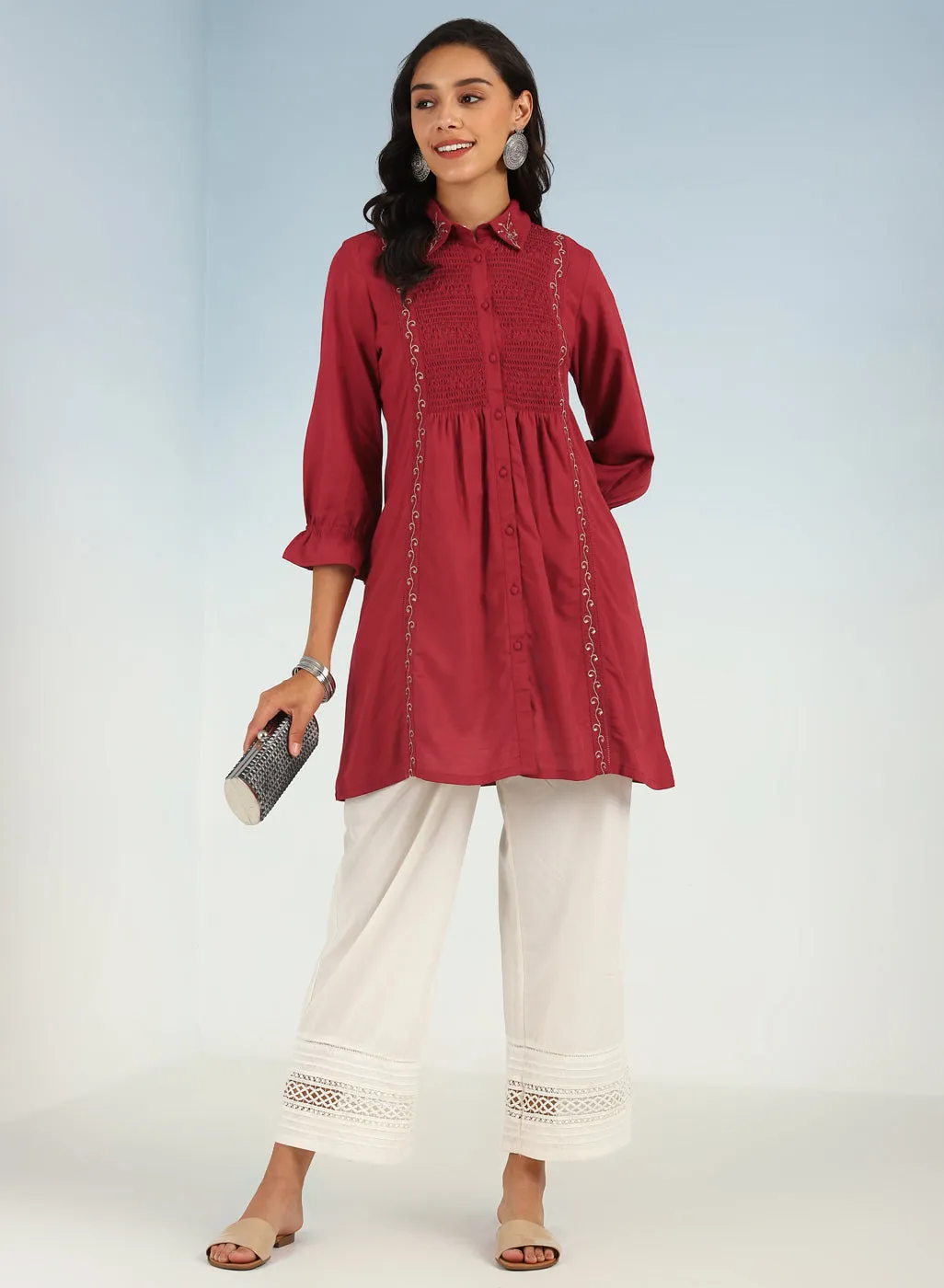 Brick Red A Line Tunic with Smocking Front and Classic Collar