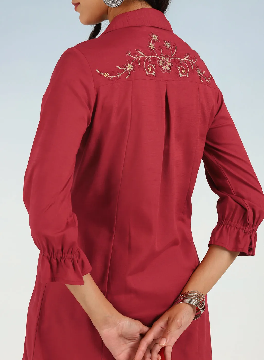 Brick Red A Line Tunic with Smocking Front and Classic Collar