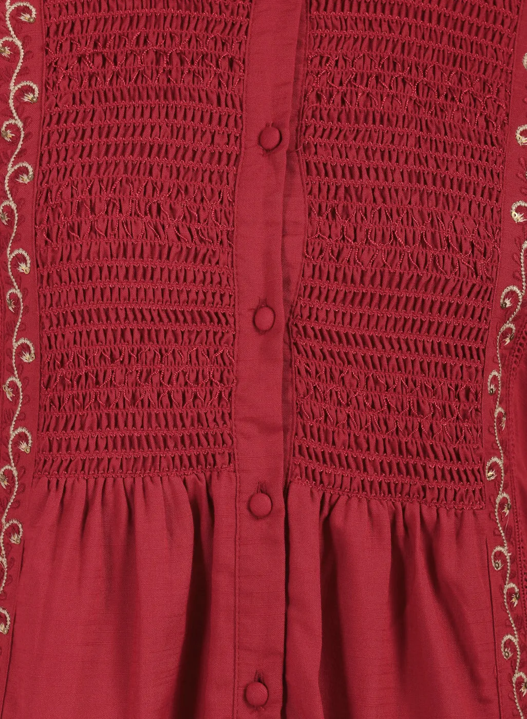 Brick Red A Line Tunic with Smocking Front and Classic Collar