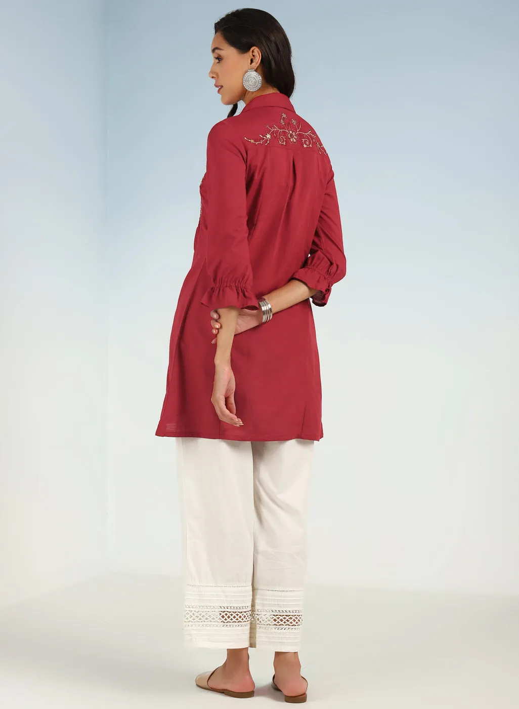 Brick Red A Line Tunic with Smocking Front and Classic Collar