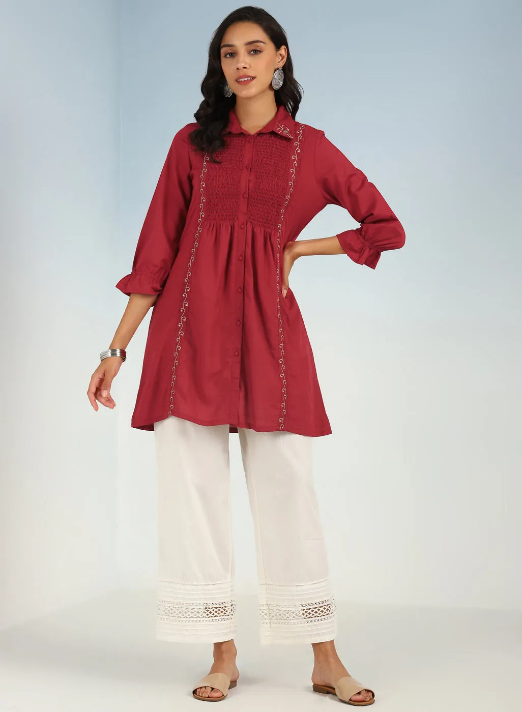 Brick Red A Line Tunic with Smocking Front and Classic Collar