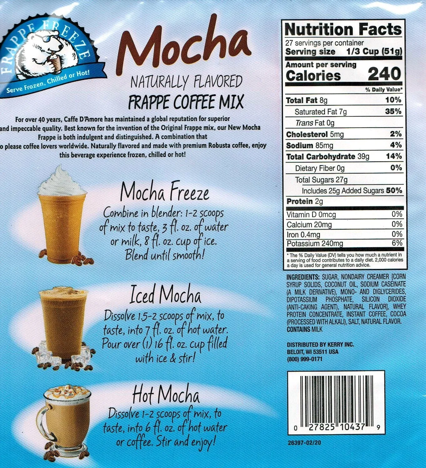 Caffe D'Amore Frappe Freeze Frappe Coffee Mix, Mocha, 3 Lb