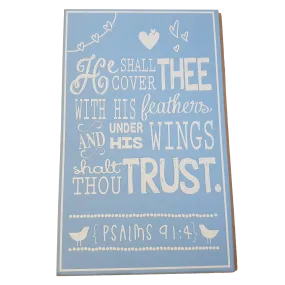 C&F Wooden He Shall Cover Thee (Blue) Quote Plaque