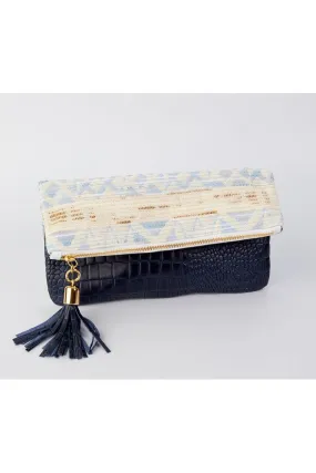 Cece Navy Embossed Croc Reversible to Blue Ikat Foldover Clutch