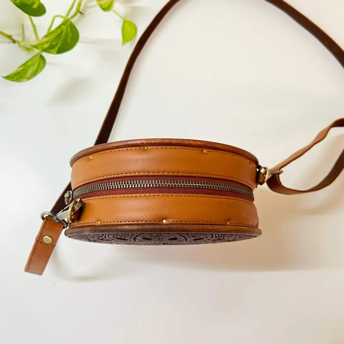 Circular Engraved Wood & Leather Sling bag