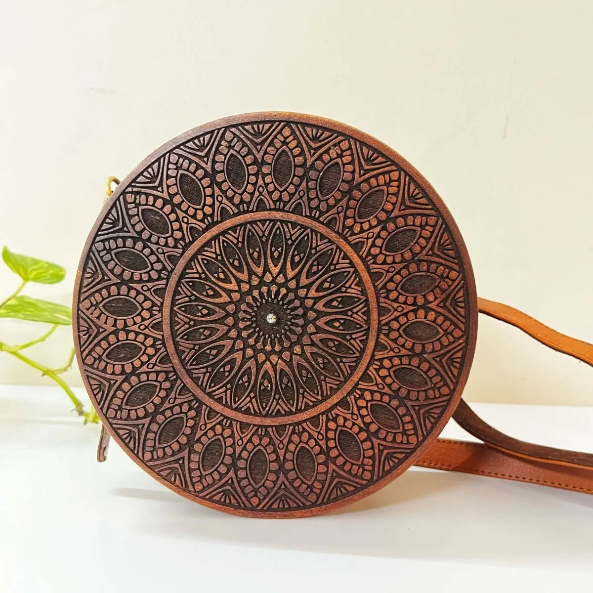 Circular Engraved Wood & Leather Sling bag