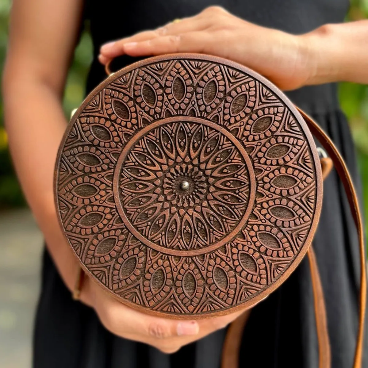 Circular Engraved Wood & Leather Sling bag