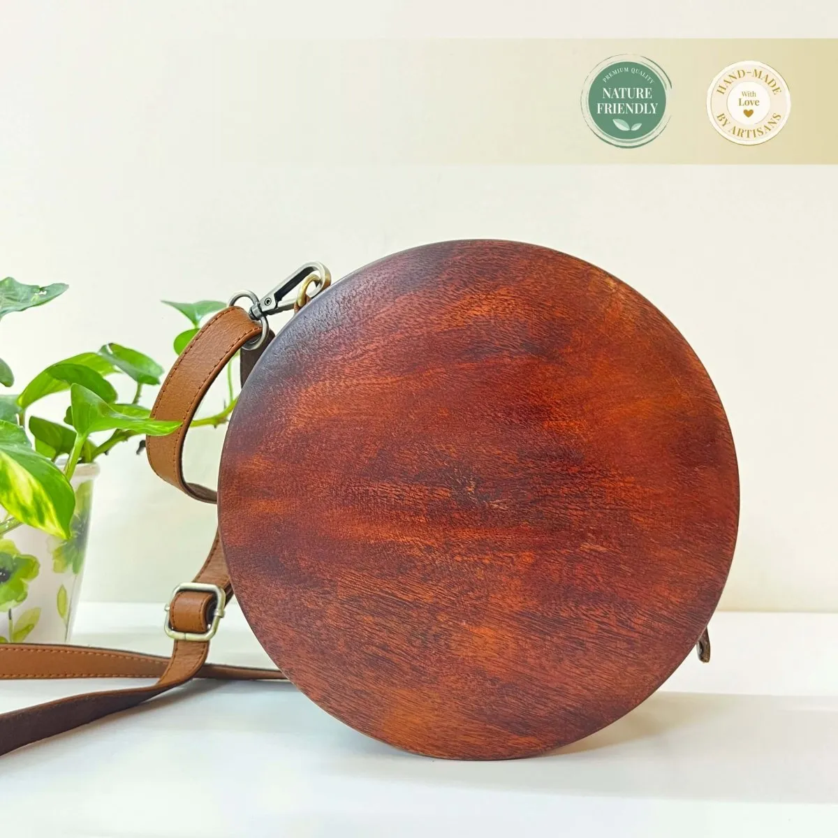 Circular Engraved Wood & Leather Sling bag