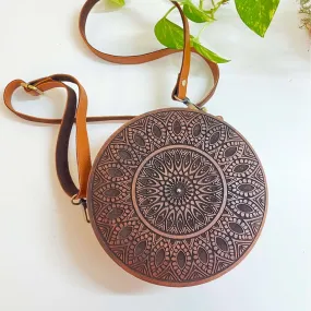 Circular Engraved Wood & Leather Sling bag