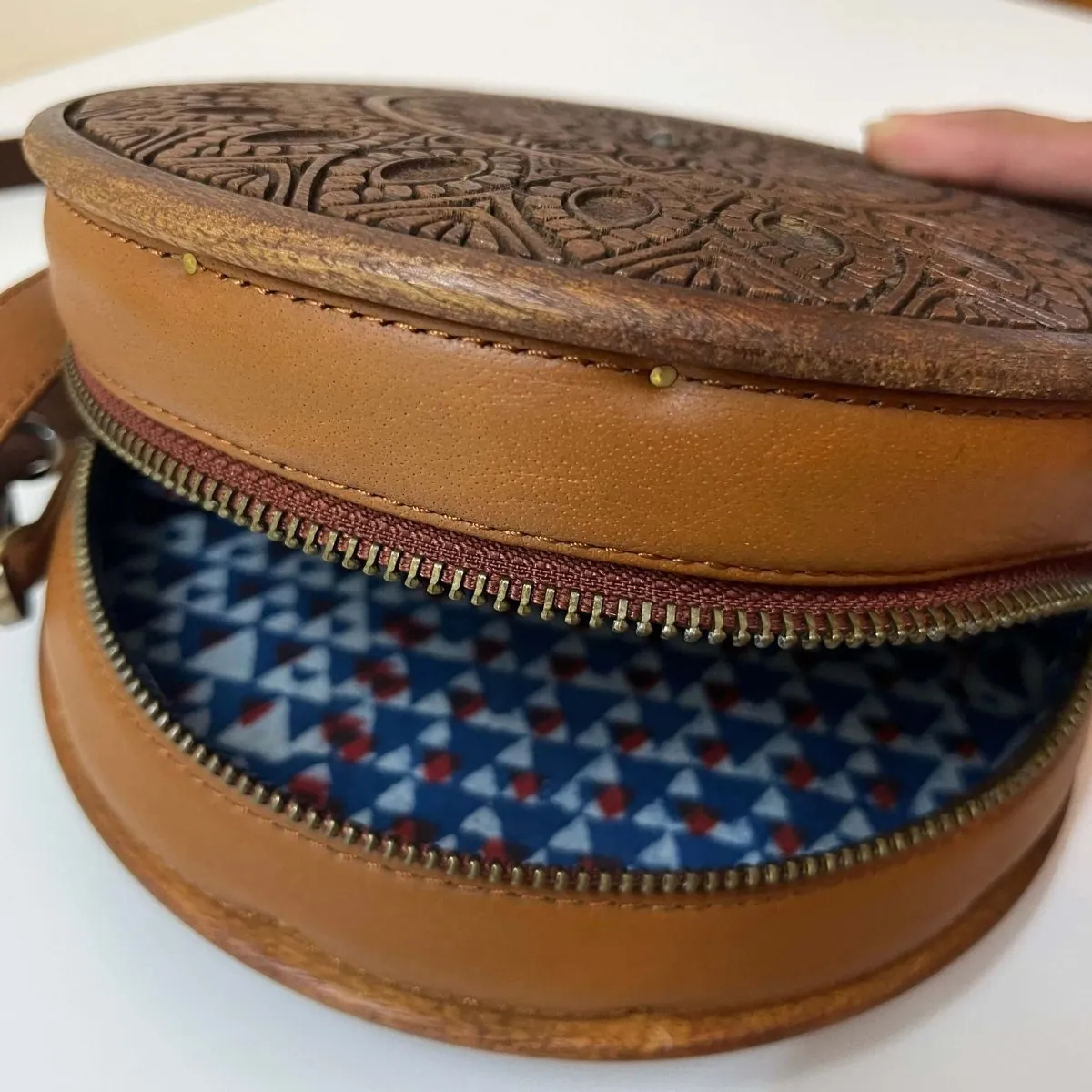 Circular Engraved Wood & Leather Sling bag