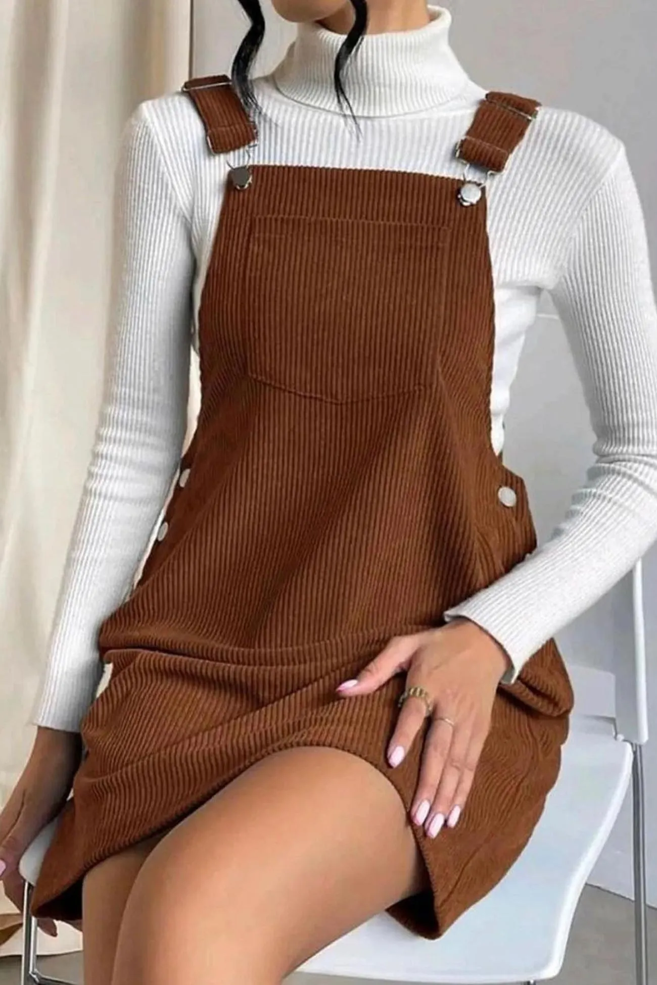 Corduroy Button Strap Dress