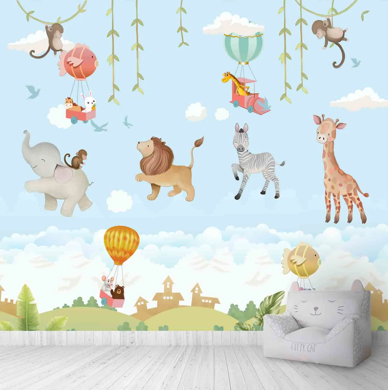 Cute & Colourful Jungle Theme Kids Wallpaper, Customised