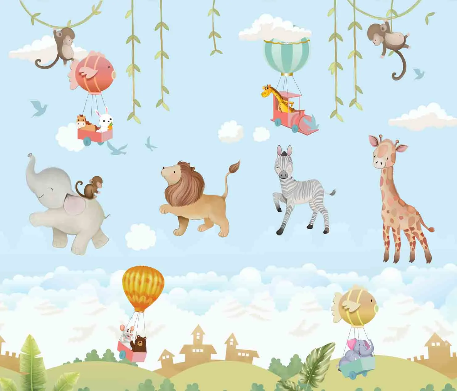 Cute & Colourful Jungle Theme Kids Wallpaper, Customised