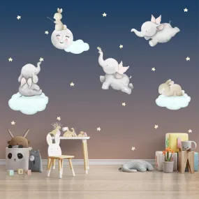 Cute Elephants and Bunnies in Nursery Kids Room Wallpaper