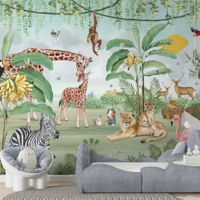 Cute Jungle Animals Mama and Kids Wallpaper for Kids, Customised