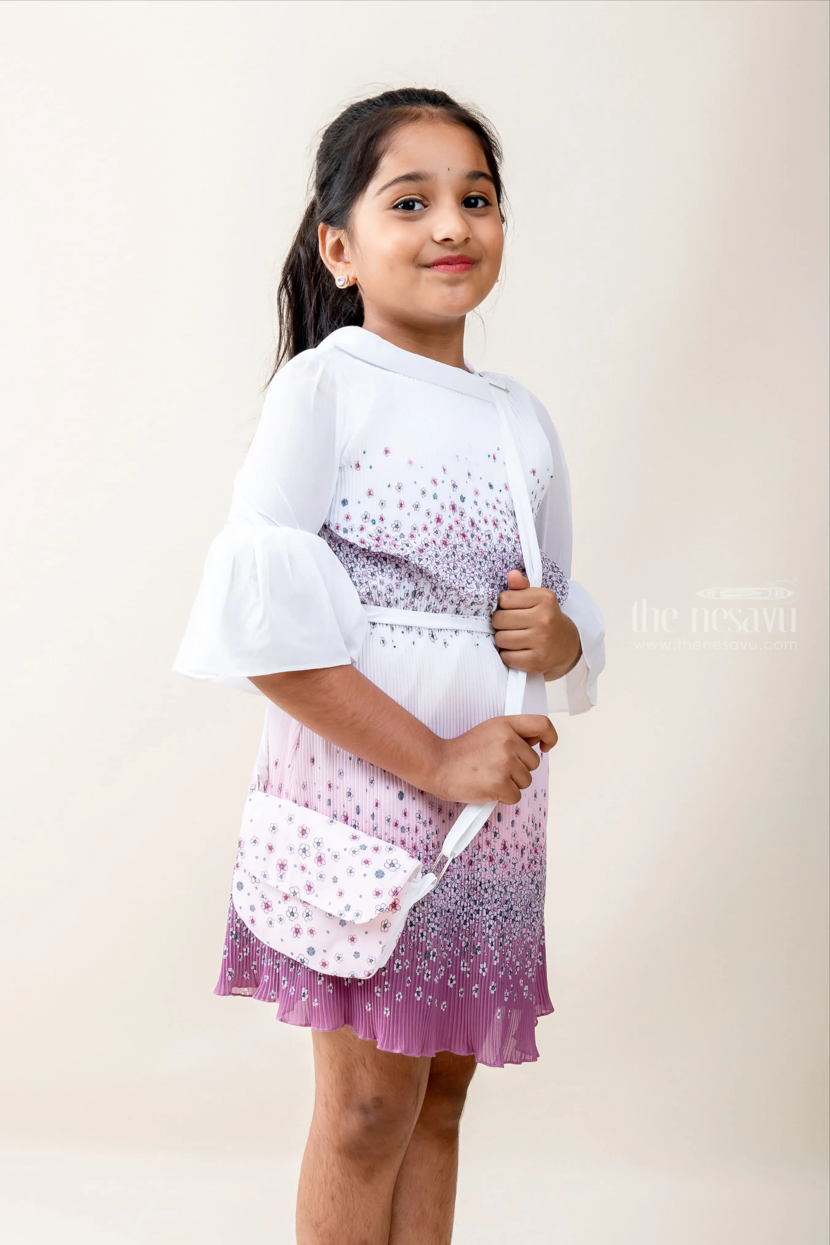 Cute Little Girl - White-Pink Fancy Frock With Sling Bag