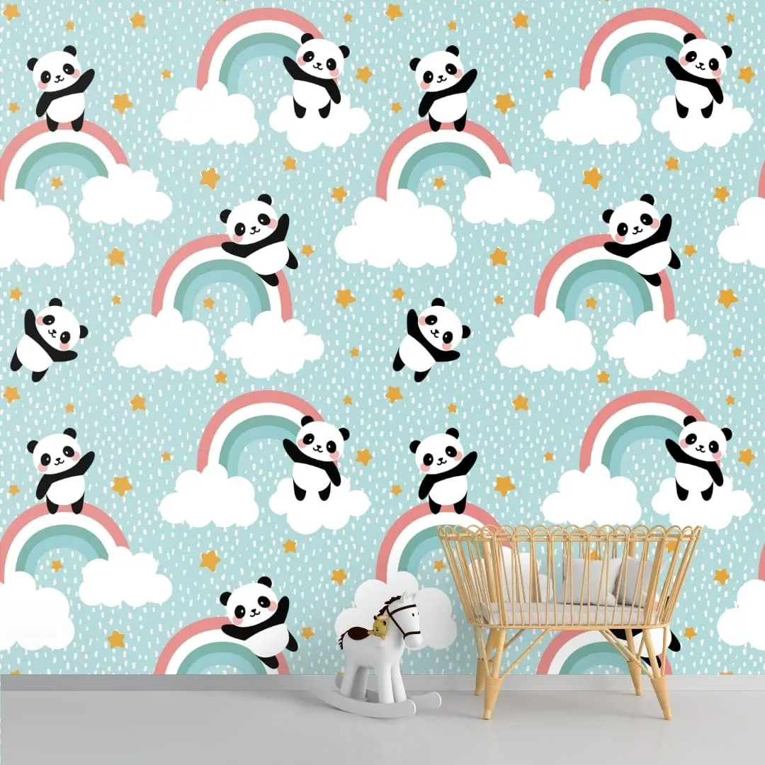 Cute Panda on Rainbow, Kids Room Wallpaper