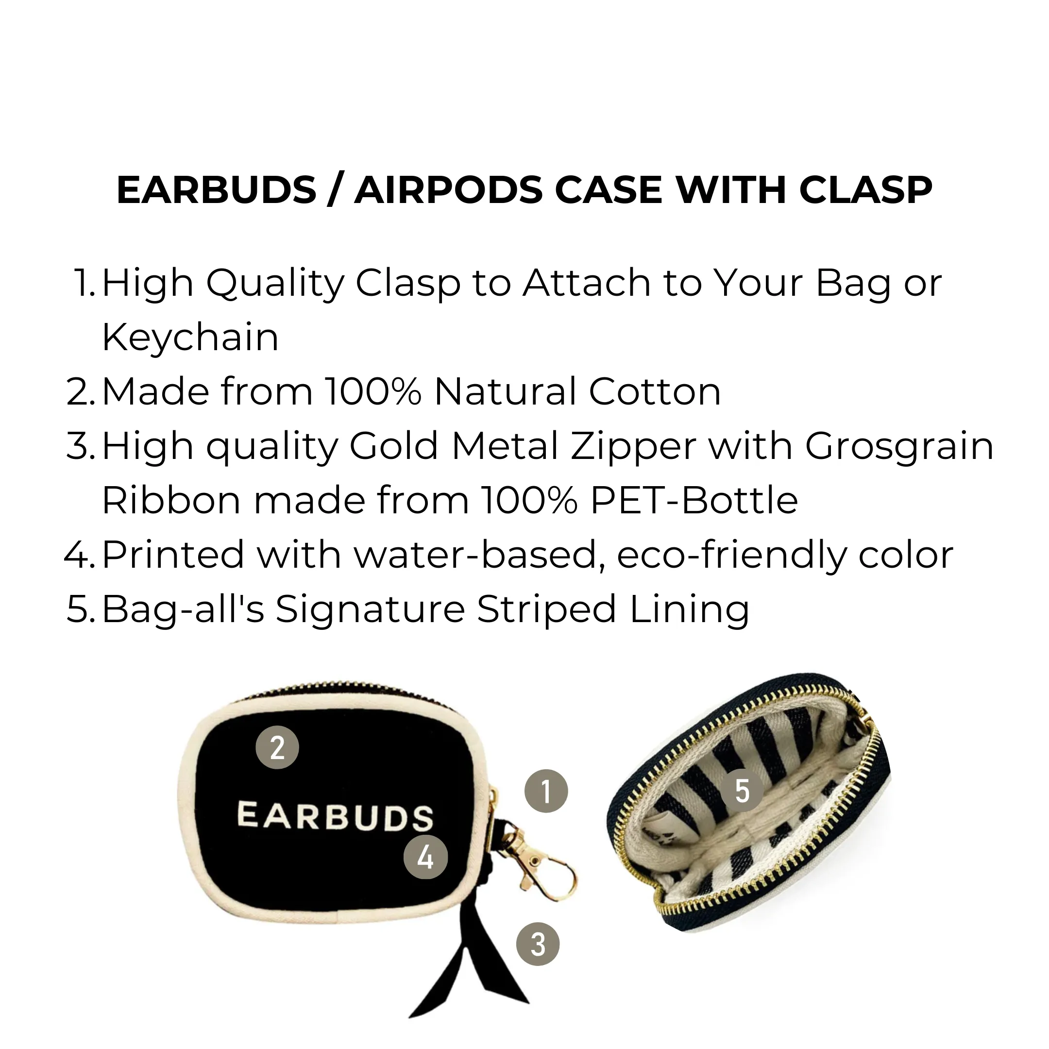 Earbuds/Airpods Case with Clasp, Black