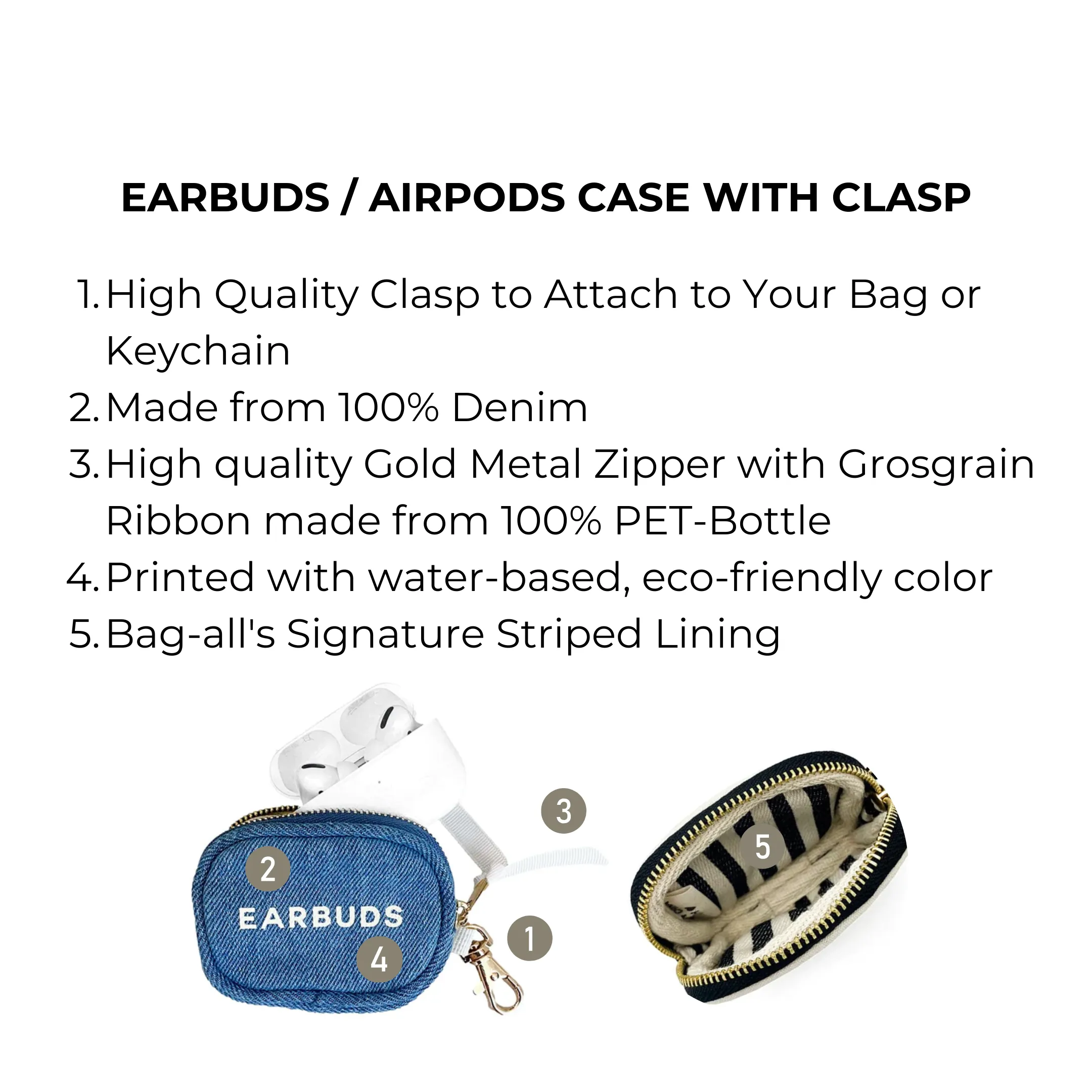 Earbuds/Airpods Case with Clasp, Denim