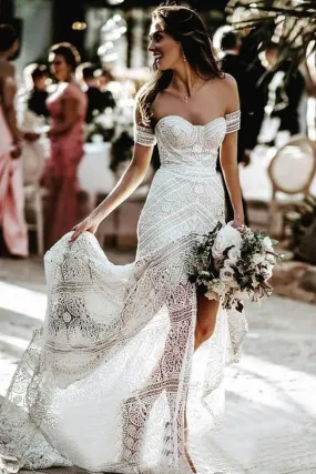 Fabulous Lace Sweetheart Sheath Beach Wedding Dresses With Slit, SW307