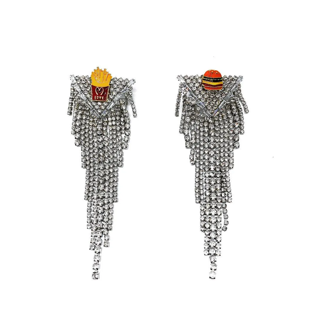 GLASS CRYSTAL HAMBURGER FRIES FRINGE DROP EARRINGS