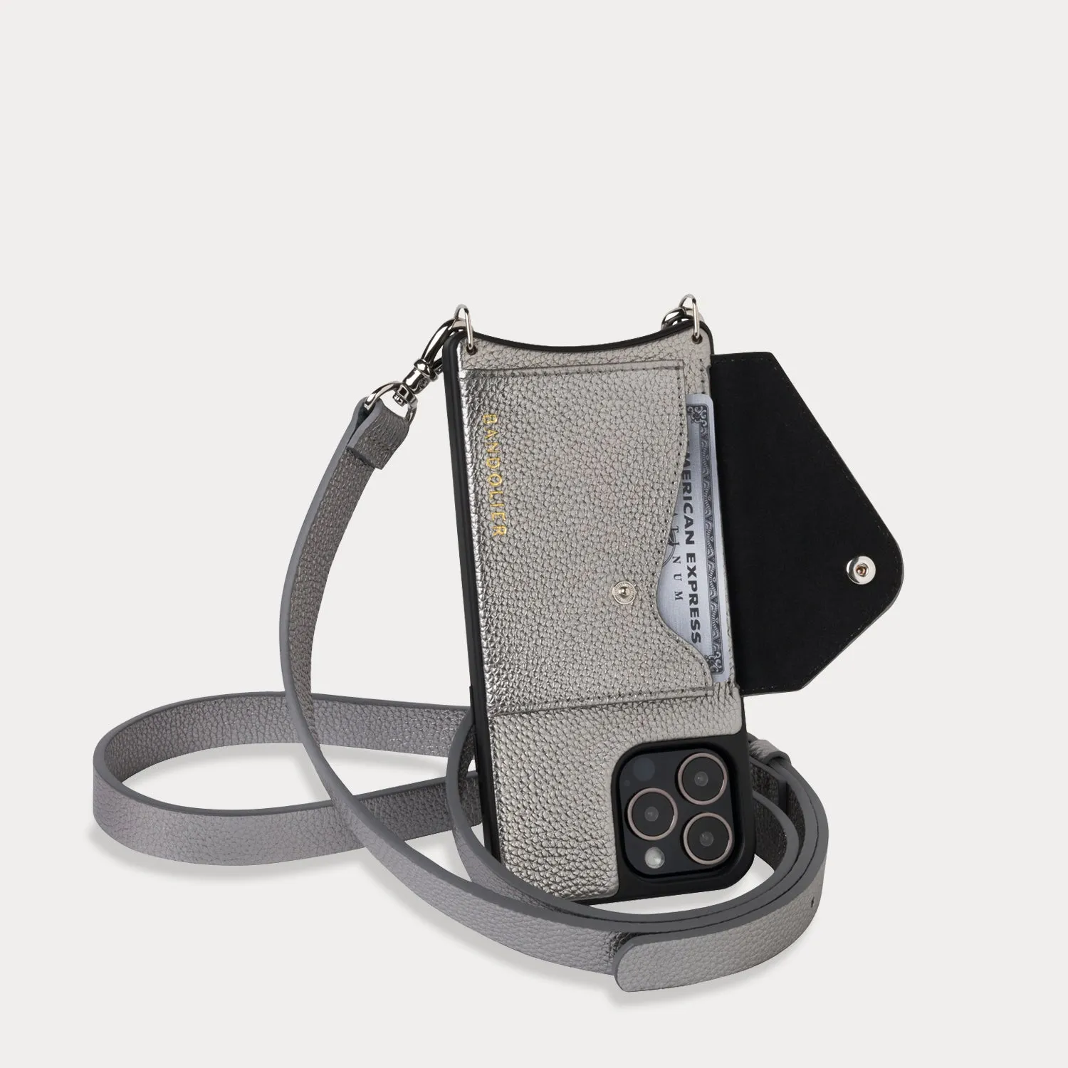 Hailey Side Slot Leather Crossbody Bandolier  - Metallic Pewter/Silver