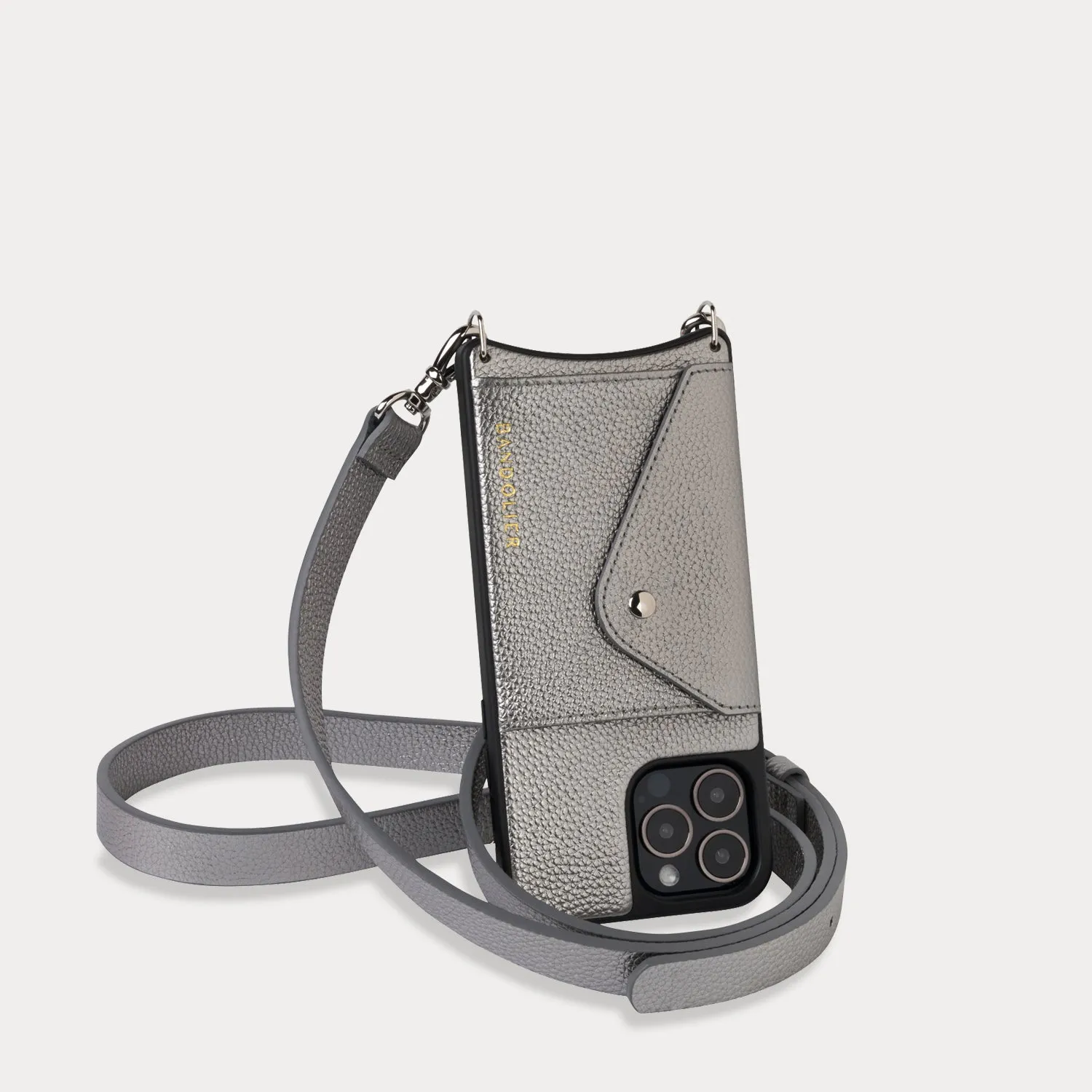 Hailey Side Slot Leather Crossbody Bandolier  - Metallic Pewter/Silver