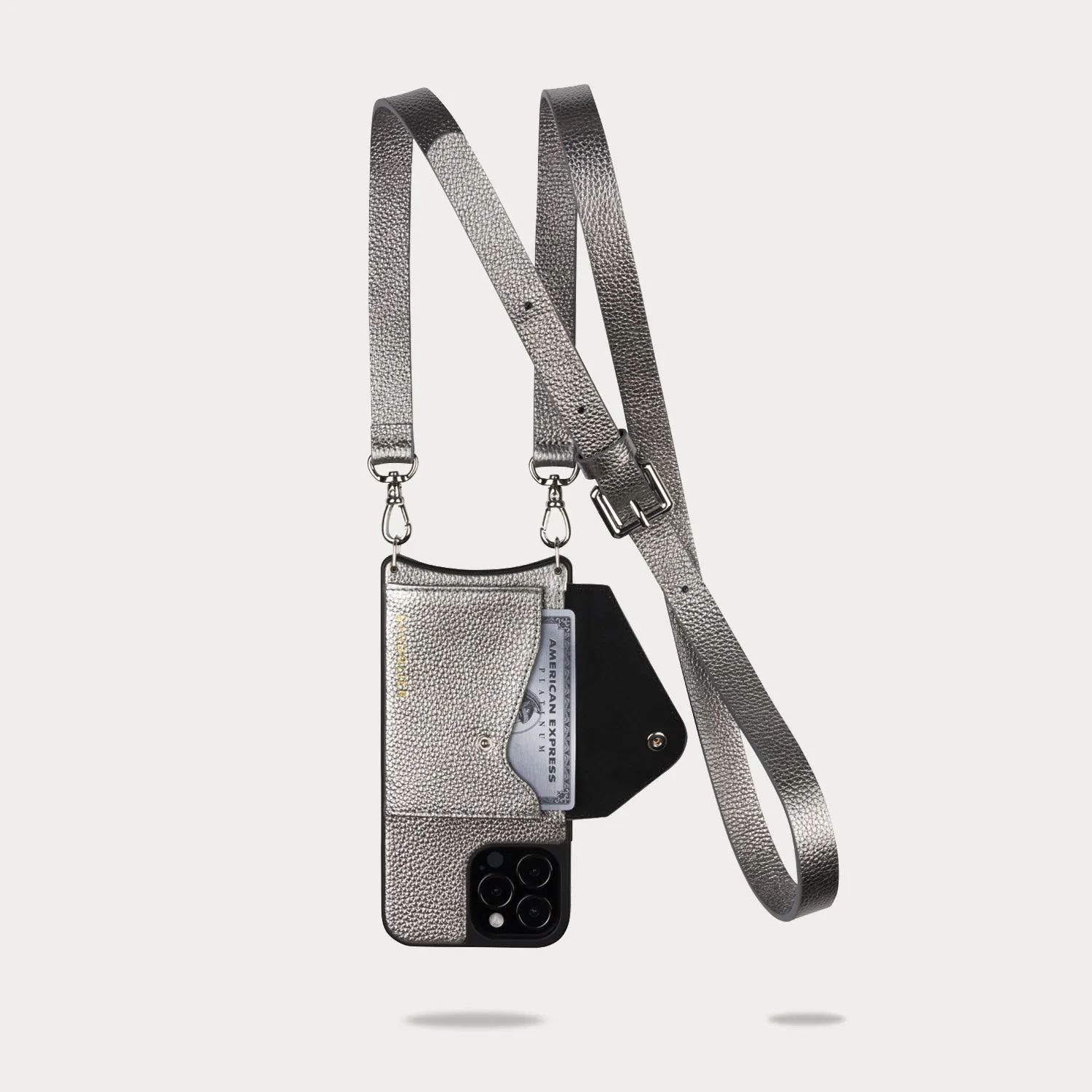 Hailey Side Slot Leather Crossbody Bandolier  - Metallic Pewter/Silver