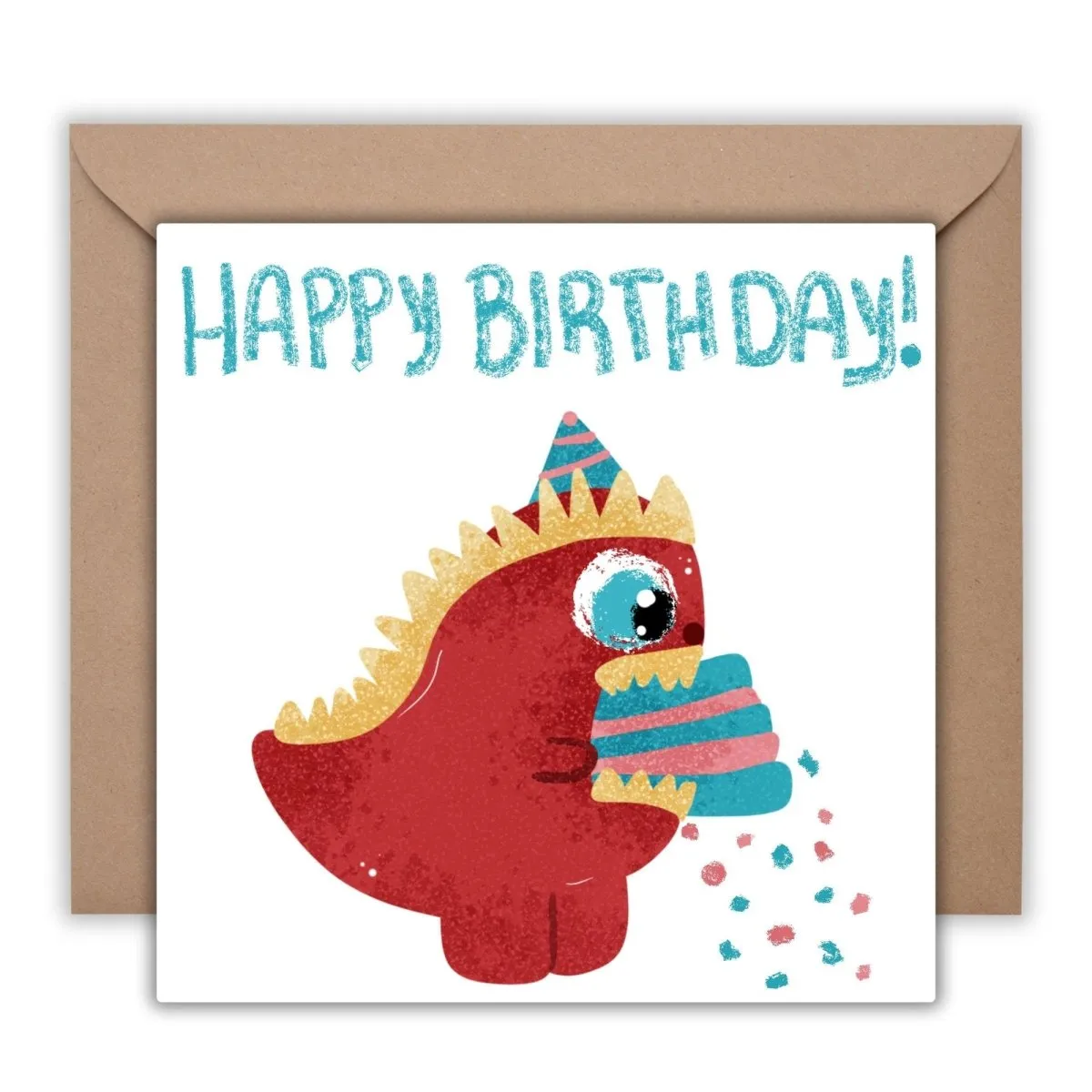 Happy Birthday Dinosaur Card, T-Rex Cake Illustration, Kids Birthday Greeting, Cute Children&#39;s Cards, Dino Theme Greeting, Printed Postcards