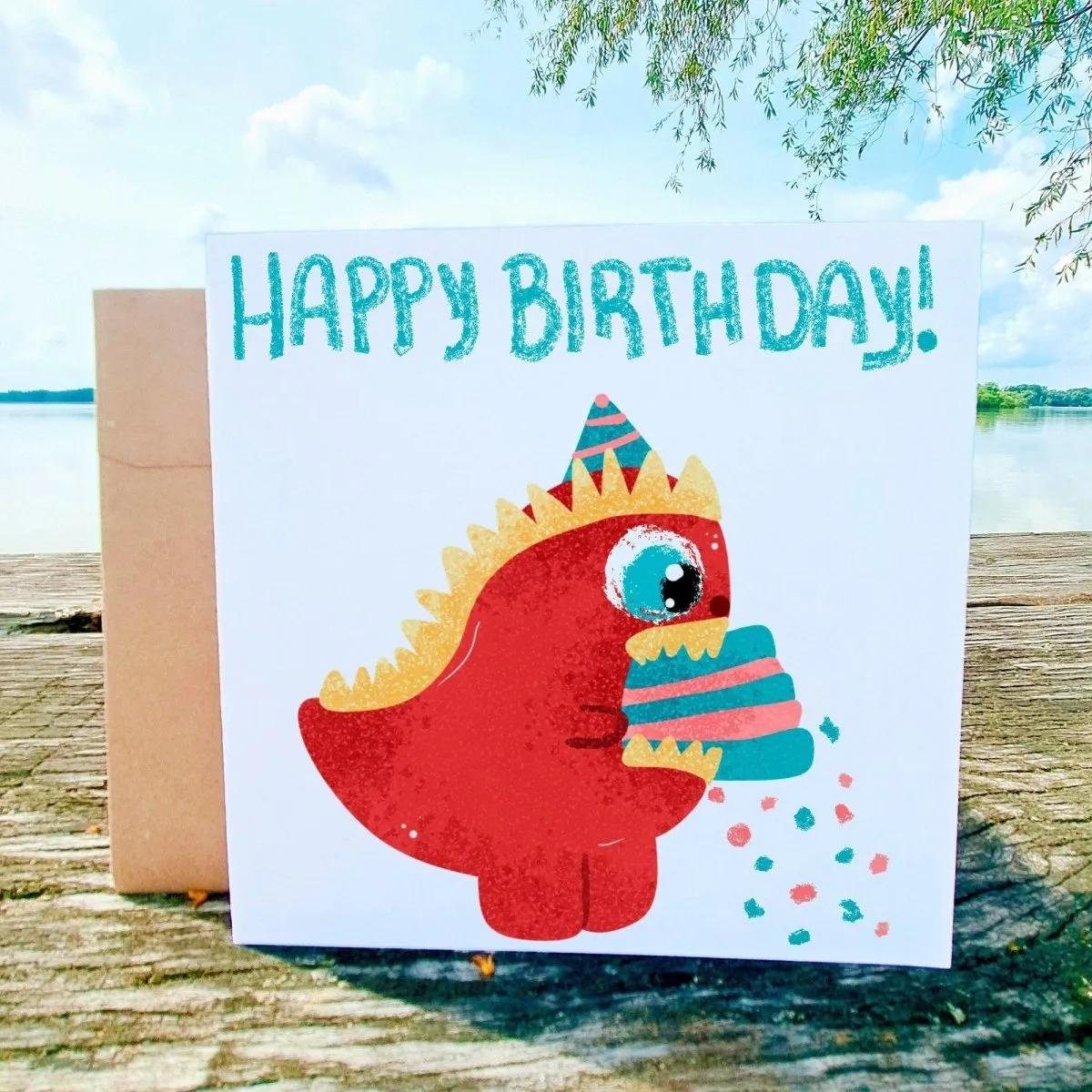 Happy Birthday Dinosaur Card, T-Rex Cake Illustration, Kids Birthday Greeting, Cute Children&#39;s Cards, Dino Theme Greeting, Printed Postcards