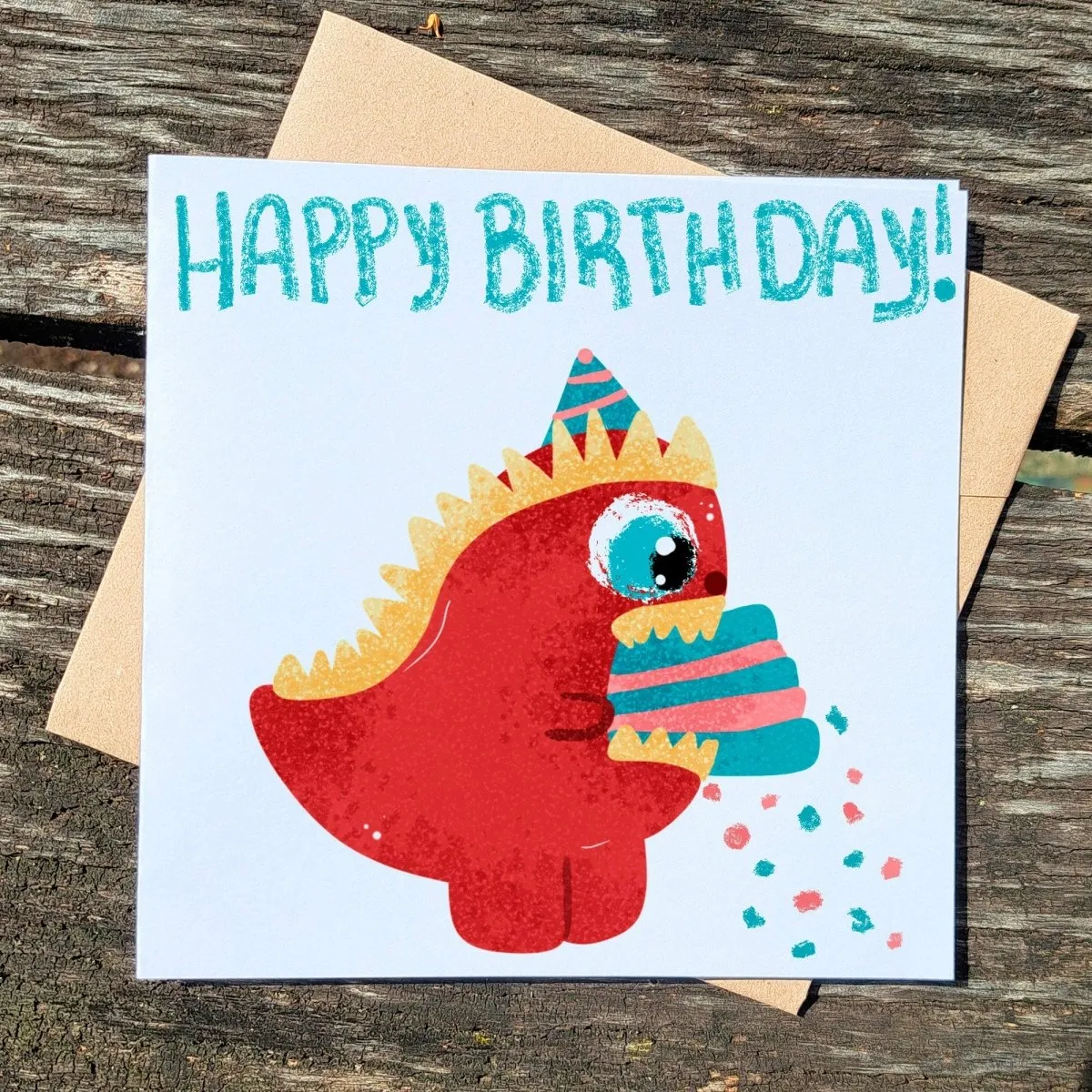 Happy Birthday Dinosaur Card, T-Rex Cake Illustration, Kids Birthday Greeting, Cute Children&#39;s Cards, Dino Theme Greeting, Printed Postcards