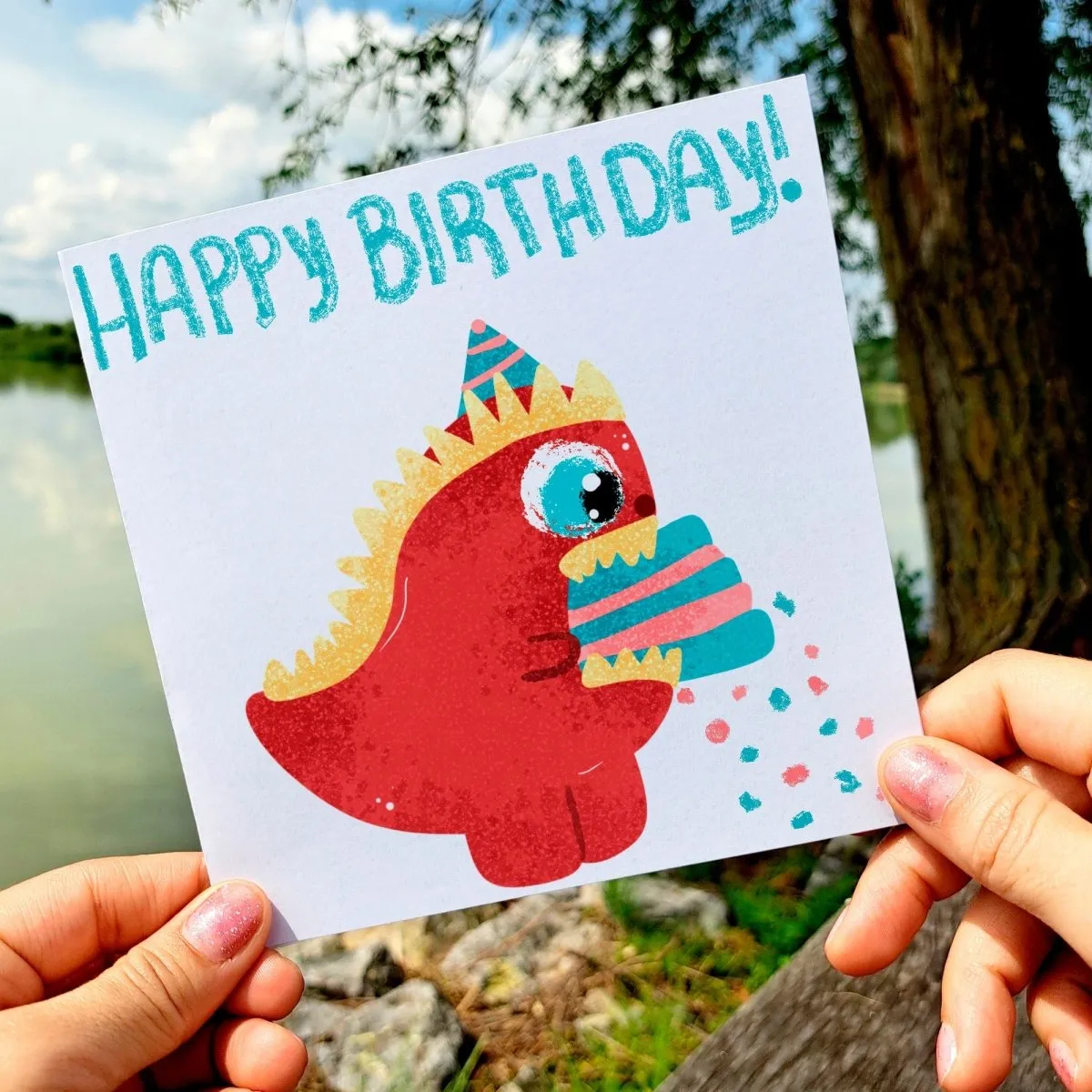 Happy Birthday Dinosaur Card, T-Rex Cake Illustration, Kids Birthday Greeting, Cute Children&#39;s Cards, Dino Theme Greeting, Printed Postcards